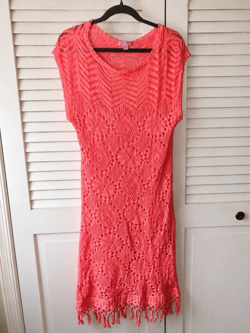 Lilly Pulitzer Adabelle Crochet Fringe Cover Up Dress Large Coral Pink Resort - Picture 2 of 7